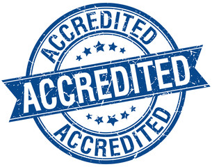 accredited grunge retro blue isolated ribbon stamp