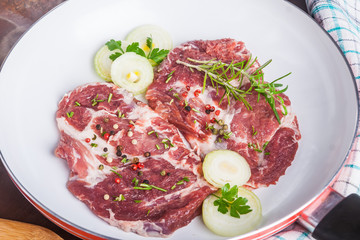 Raw pork chops in the pan