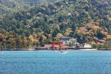 View of coast of island of Miyajima with sacred torii, Japan