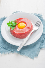 Beef tatar with egg.