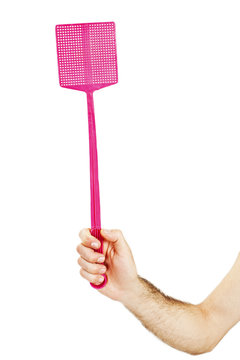 Man hand holding a flyswatter on a white background.