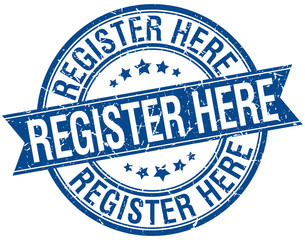 register here grunge retro blue isolated ribbon stamp