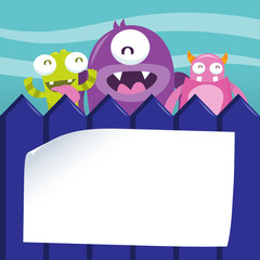 Happy Silly Cute Monsters Fence copy space