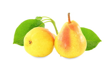 pear fruit with leaves in pure whit background