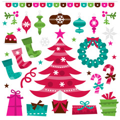 Retro Holly Jolly Christmas Design Elements Set