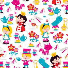 Fototapeta na wymiar Whimsical Retro Alice In Wonderland Seamless Pattern Background