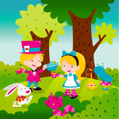 Whimsical Retro Alice In Wonderland Scene