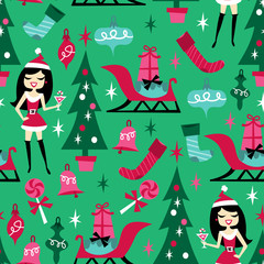 Retro Christmas Santarina Party Seamless Pattern Background