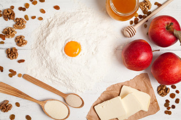 American apple pie preparation in rustic kitchen. Raw