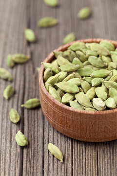 Green Cardamom Ayurveda Asian Aroma Spice In A Wooden Bowl On Vi