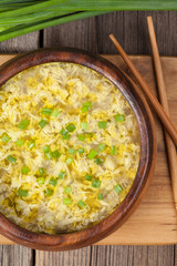 Traditilinal asian soup with eggs and mushrooms ready to eat