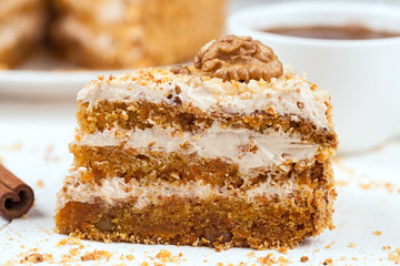 Piece of delicious treat carrot cake sweet dessert with pastry
