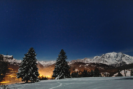 Beautiful Christmas Landscape With Night Stars On Blue Winter Sky