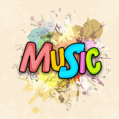 Colorful text with musical notes.