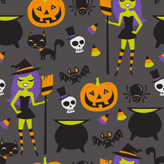 Retro Halloween Witch Party Seamless Pattern Background