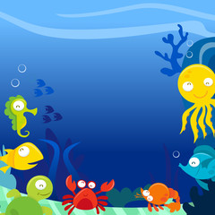 Fototapeta na wymiar Happy Silly Cute Sea Animals Underwater Square copy space