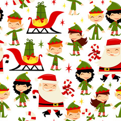Christmas Santa Elves Seamless Pattern Background