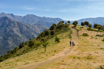 Two hikers and dog on trail near Novella in Corsica