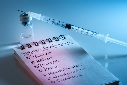 Immunization checklist with syringe and ampoule in background