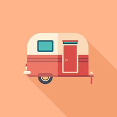 Travel trailer flat square icon with long shadows.