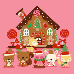 Obraz na płótnie Canvas Christmas Woodland Creatures Gingerbread House