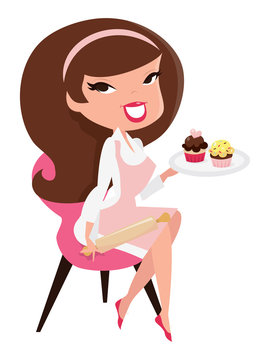 Cartoon Retro Pin Up Girl Baking Cupcakes Sitting