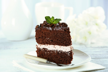 Delicious chocolate cake on table on light background