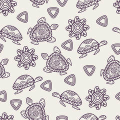 Vector seamless decorative pattern with ornamental turtles, sun