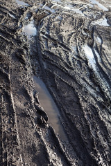 Mud and puddles on the dirt road