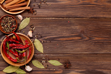 Various spices on wooden background