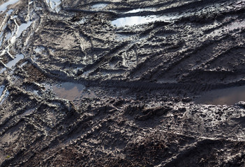Mud and puddles on the dirt road