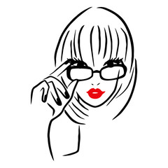 Vector Ink Line Art Lady Wearing Thick Rim Glasses