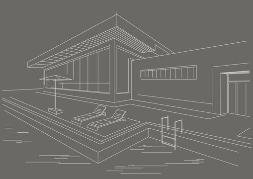 architectural line sketch cottage with pool gray background