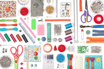 sewing and knitting on white background