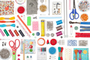 sewing and knitting on white background