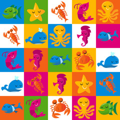 Happy Fun Cartoon Sea Creatures Tiles Pattern Background