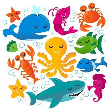 Happy Fun Cartoon Sea Creatures Set