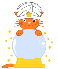 Cat predict future with magic crystal ball cartoon illustration