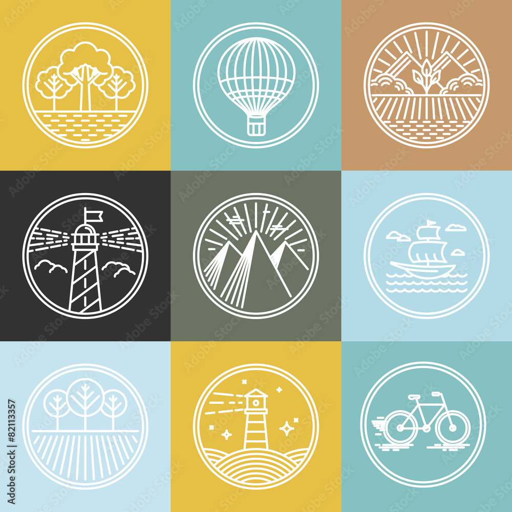 Poster vector set of travel badges in trendy linear style