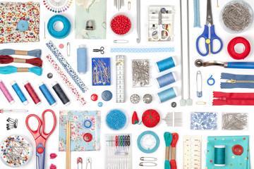 sewing and knitting on white background