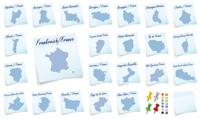 Collage von Frankreich mit Bundesländern als Notizzettel in Bla