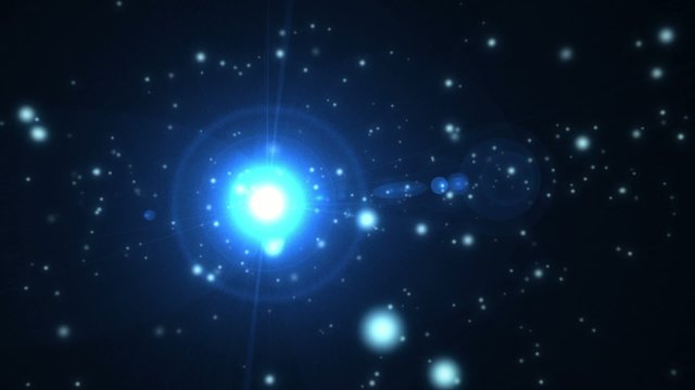 flight through space near bright star, warp speed and lens flare