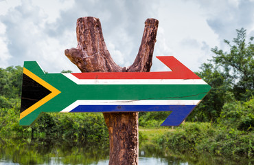 South Africa Flag wooden sign with countryside background