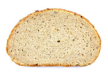 Close up image of slice of bread on against white background.