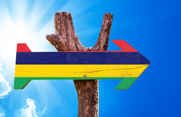 Mauritius Flag wooden sign with sky background
