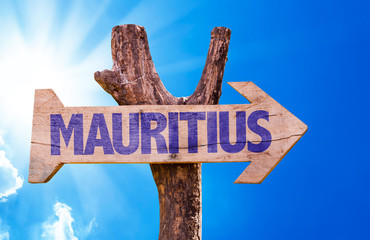 Mauritius wooden sign with sky background