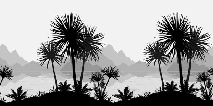 Seamless landscape, palms, sea and mountains