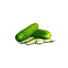 Cucumber and slices isolated over white background