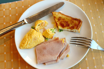 Dish of breakfast when someone eating, not finish.