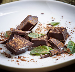 dark chocolate and fresh mint, selective focus